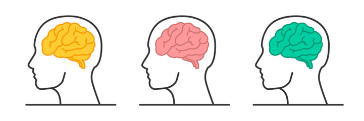 Human head silhouette icon. Yellow, Pink, Green brain icon set. Brin health, neurology, physiology vector illustration. 