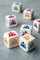 Diverse group icons on stacked cubes representing teamwork, roles, and organizational diversity