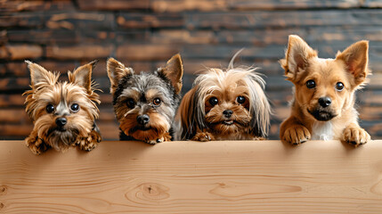 Three adorable small breed puppies, including Yorkshire Terriers, peeking curiously over a ledge against a rustic wooden background, representing canine friendship, family, and cute pets together.
