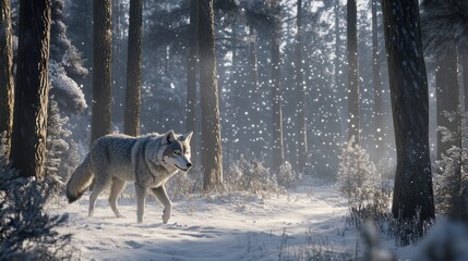 Obraz premium A gray wolf walks through a snowy forest path with sunlight filtering through the trees. Snowflakes are gently falling. Winter wonderland scene. Tranquil, serene, and beautiful.