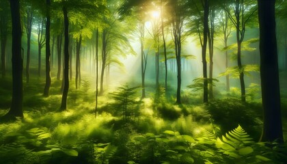 Sunlight beams through dense green foliage in a vibrant forest landscape with gentle fog in the background