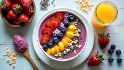A vibrant smoothie bowl featuring sliced strawberries, blueberries, and mango, a refreshing juice glass on a light, wooden background.