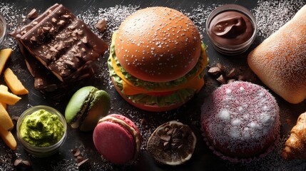A delectable spread of gourmet treats: a juicy burger, colorful macarons, rich chocolate, and more. Sweet and savory delights!