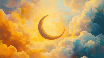 Crescent moon in a vibrant sky filled with clouds.