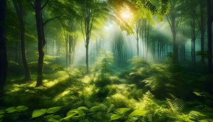 Obraz premium Vibrant forest filled with lush greenery and soft beams of sunlight piercing through mist and trees peacefully