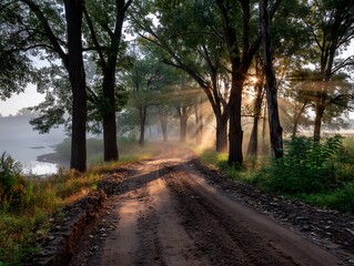 Fototapeta premium Sunlit Morning Path: A Serene Journey Through a Forest with Light Streaks