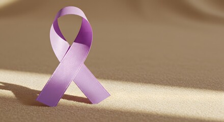 Purple awareness ribbon for cancer alzheimer's lupus and other causes on a beige background studio shot