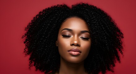 Fototapeta premium Beautiful african american woman with curly hair and glowing skin against a red background portrait