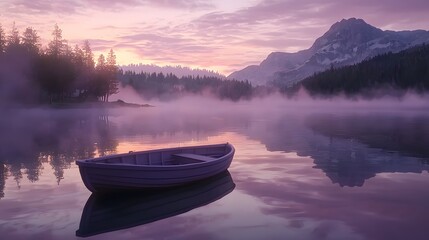A tranquil sunrise paints the serene mountain lake a soft purple hue as a small rowboat sits peacefully on the still water reflecting the majestic peaks.