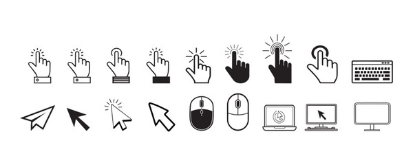 Cursor Icons Collection, Hand Pointers, Arrows, and Digital Navigation Symbols, silhouette vector style with white background Art & Illustration