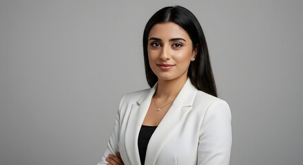 Professional headshot of a confident business woman in white blazer on gray background for corporate website