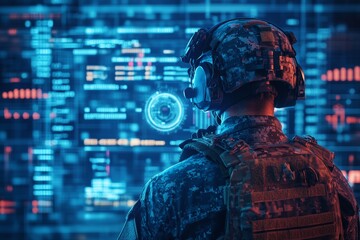 Soldier in tactical gear with night vision goggles against a futuristic military data screen