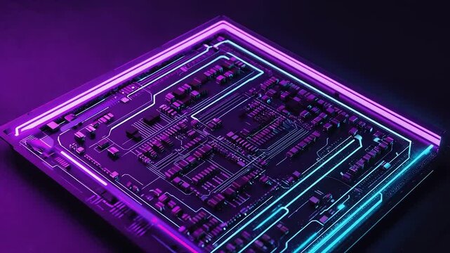 Illuminated circuit board with vibrant neon glow.