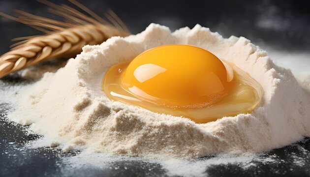 A large egg is sitting in a mound of flour - Powered by Adobe