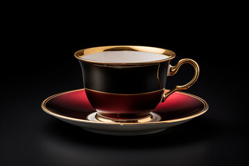 Elegant black and red teacup with golden trim on matching saucer against a dark background  