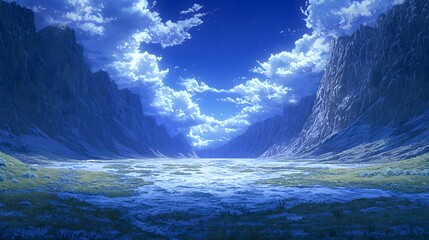 Fototapeta premium A serene landscape painting depicts a tranquil valley led between majestic mountains under a breathtaking twilight sky filled with luminous clouds reflecting on calm waters.