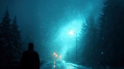 Obraz premium Solitary Figure in a Snowy, Nighttime Streetscape