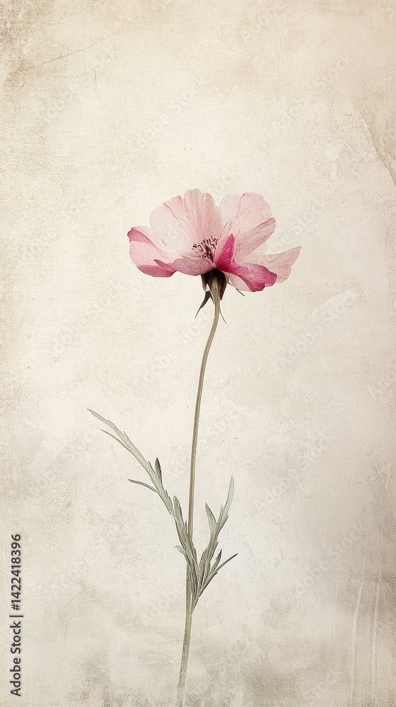 Poster a slender pink flower with soft petals and a hint of white rises elegantly on a gentle stem, framed 