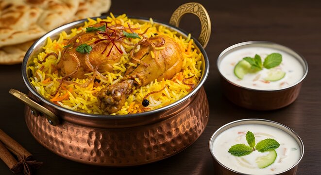 Delicious chicken biryani recipe indian cuisine with yogurt raita and naan bread food photography style image