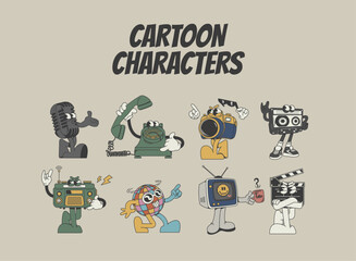 Retro cartoon mascot set featuring vintage tech items in a fun, playful style, vector illustration