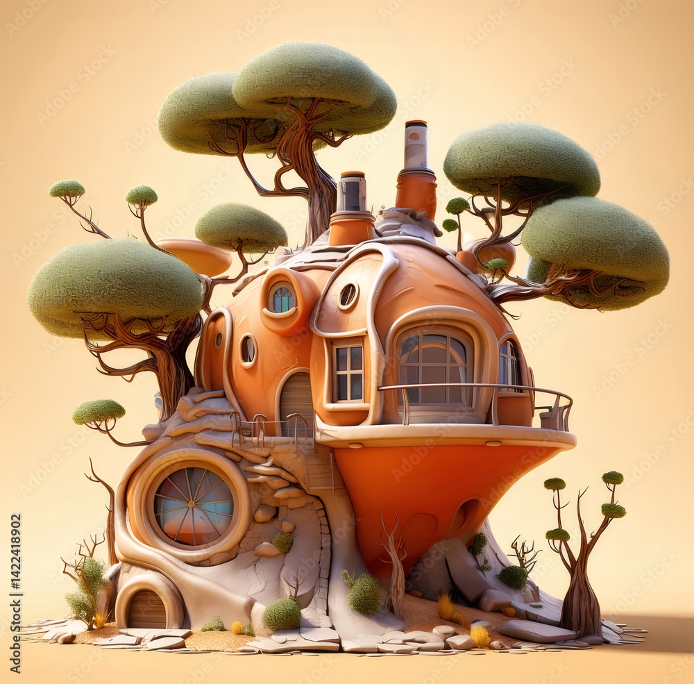 Poster オレンジ色の奇妙な家 緑の木と砂地の背景 屋外のファンタジー建築デザイン