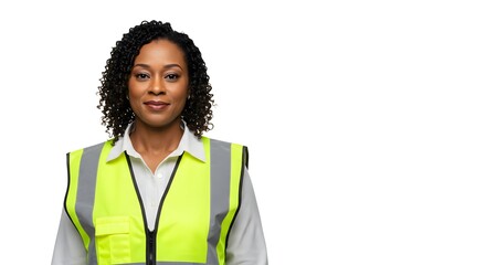 Stock photo of african american woman wearing safety vest for construction and warehouse work on white