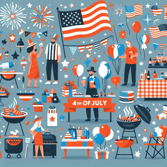 Flat Vector Illustration of 4th of July Celebration with Festive Elements-Flat design vector of Independence Day celebration. Includes American flag, fireworks, BBQ scene, people celebrating.