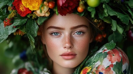 A young woman adorned with a vibrant floral crown