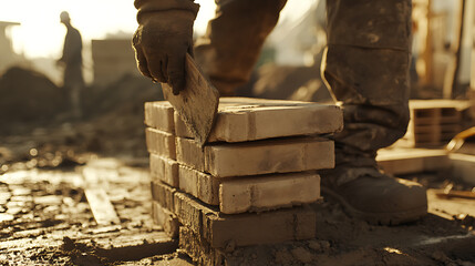 Construction Worker Stacking Bricks at a Site