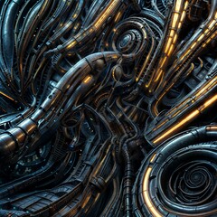 AI-generated Intricate futuristic machinery with glowing orange and blue lights