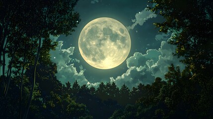 A breathtaking full moon illuminates a serene forest scene at night casting a magical glow on the lush green trees and cloudy sky above.