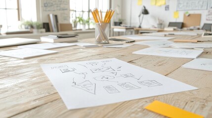 Workspace with design sketches.  A collaborative environment