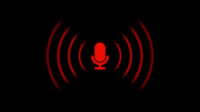 Voice recording podcast mic microphone button icon animation. neon line microphone icon, red color record system concept animation on black background. voice record concept.