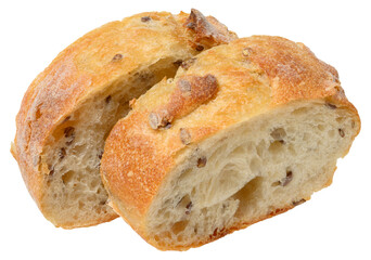 Two slices of rustic ciabatta bread with visible air pockets and scattered flax seeds, isolated background.