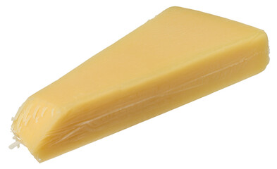 Triangular wedge of smooth, light yellow cheese,  isolated background. Parmesan