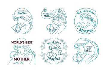 Worlds Best Mother Vector Illustration with Baby Silhouette Line Art and Love Concept Design 