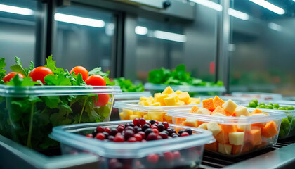Fresh food items stored in transparent plastic containers, emphasizing healthy and vibrant produce options