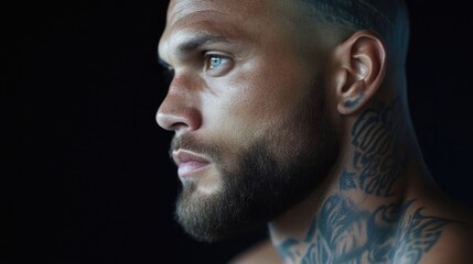 Close-up profile of man with tattoo