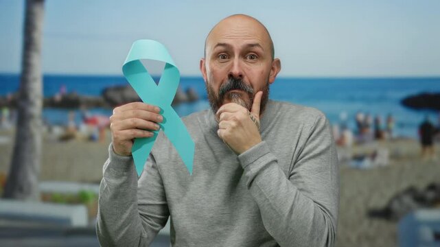 Man holding blue ribbon for cancer awareness at sunny beach, signifying support for health causes in a serene seaside outdoor setting with clear skies.