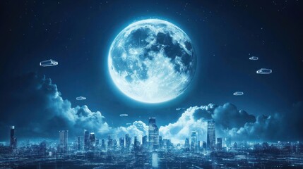 Futuristic city skyline at night under a large moon and UFOs.