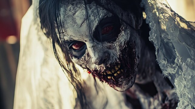Horrifying zombie bride halloween costume makeup scary grim bloody face dead gore dark evil ghoul