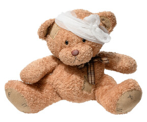 Soft brown teddy bear with stitched patches, head bandage, and plaid bow tie, isolated on white background. Symbol of care, childhood, and healing.