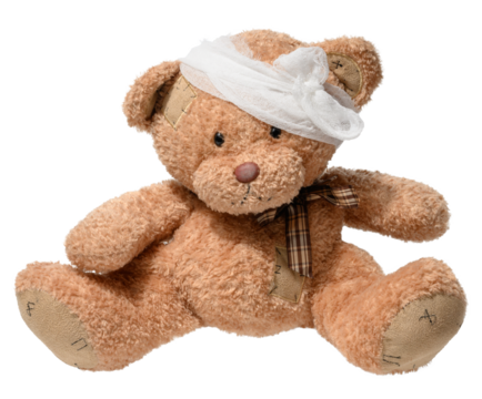 Soft brown teddy bear with stitched patches, head bandage, and plaid bow tie, isolated on white background. Symbol of care, childhood, and healing.