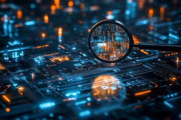 Magnifying glass hovers over glowing digital cityscape on circuit board, symbolizing data analysis
