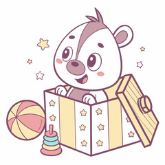 Cute animal peeking from a small box with playful expressions and toys
