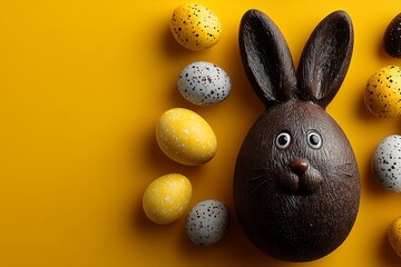 Chocolate Easter Bunny & Eggs, Yellow Background