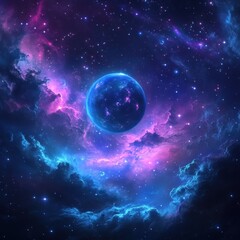 Obraz premium Vibrant celestial sphere within a nebula of cosmic clouds.