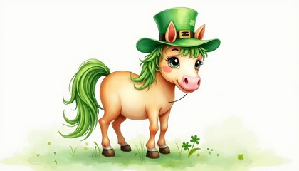 Naklejka premium Cute cartoon pony with green mane and leprechaun hat, standing on grass with clovers, celebrating St. Patrick's Day