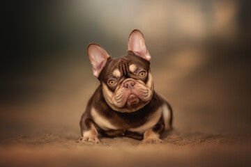 A chocolate French bulldog lounges on the soft ground, surrounded by lush greenery and soft lighting filtering through the trees. This serene setting captures the tranquil essence of nature