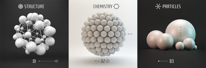 Molecule. A sphere of small balls. Concepts of chemical investigation, diagram of structure of molecule. A group of atoms. Scientific illustration. 3D vector for brochure, poster, presentation, flyer.